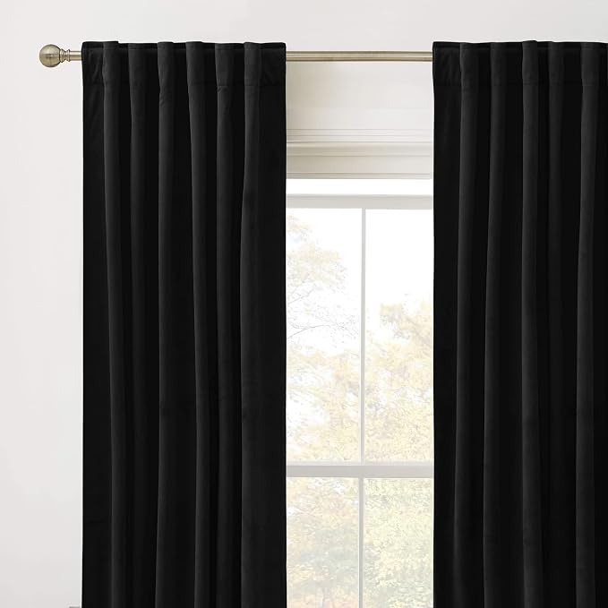 RYB HOME Velvet Curtains 102 inches Long, Extra Long High Ceiling Curtains | Thermal Insulated, Luxurious Home Decor, Curtains for Apartment Loft Large Windows, W52 x L102, Black, 2 Panels Set