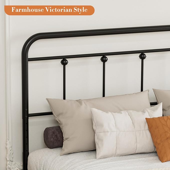Victorian Metal Full Size Headboard, Adjustable Height, Black | Sturdy Steel Full Head Board Only for Bedroom, Bed Frame Brackets Adapter, Farmhouse Vintage Style, Easy Assembly