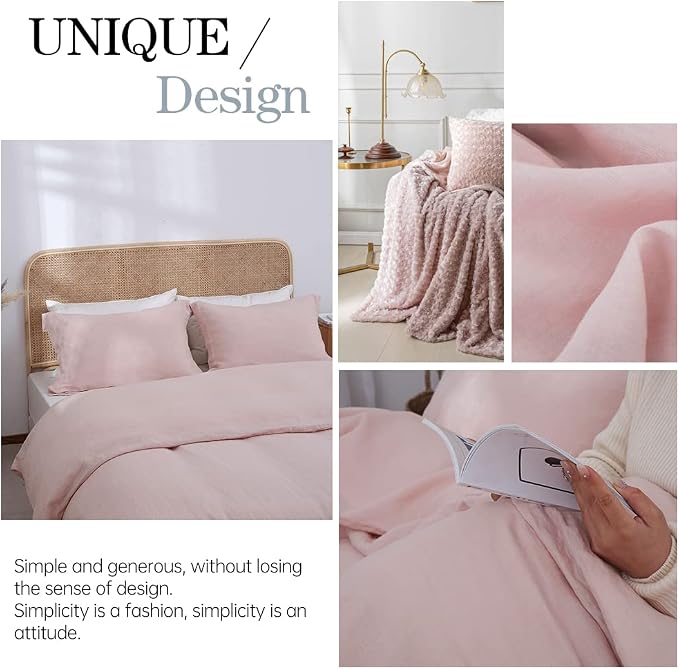 Simple&Opulence 100% Linen Duvet Cover Set 3pcs Basic Style Natural French Washed Flax Solid Color Soft Breathable Farmhouse Bedding with Button Closure - Blush Pink, Full