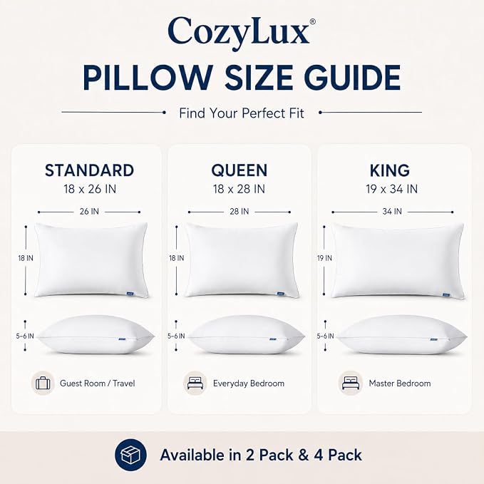 CozyLux Bed Pillows King Size Set of 4, 19" x 34", Medium Support | Soft Supportive Down-Alternative Pillows for Side, Back & Stomach Sleepers, OEKO-TEX Certified, Hotel Quality, Washable