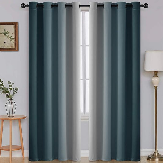 SimpleHome Ombre Stone Blue to Grey White Curtains for Living Room 52Wx84L | Room Darkening Curtains for Bedroom,Gradient Light Blocking Curtain,Thermal Insulated Grommet Window Drapes,2 Panels,84 Inch