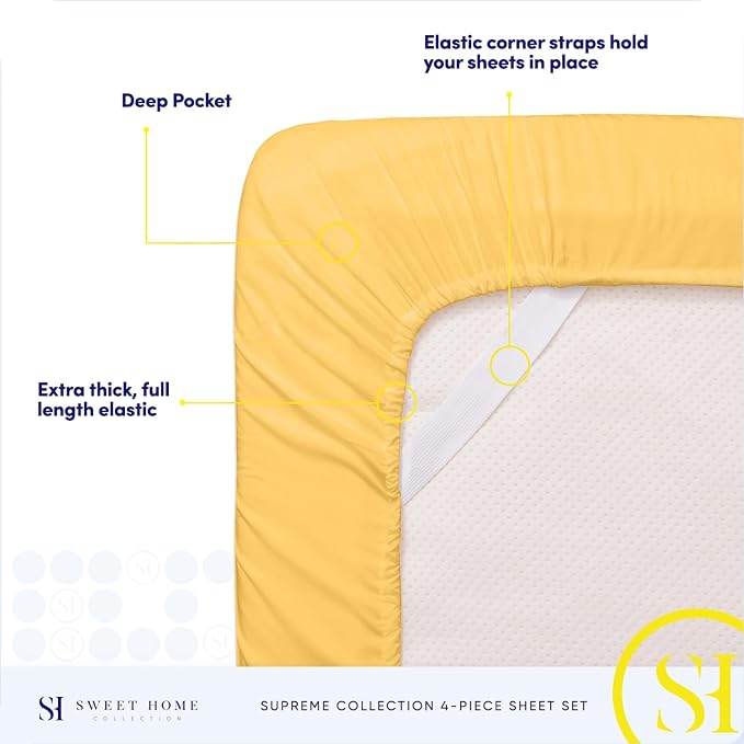 Twin XL Sheets - Breathable Luxury Sheets with Full Elastic & Secure Corner Straps Built In - 1800 Supreme Collection Extra Soft Deep Pocket Bedding Set, Sheet Set, Twin XL, Yellow