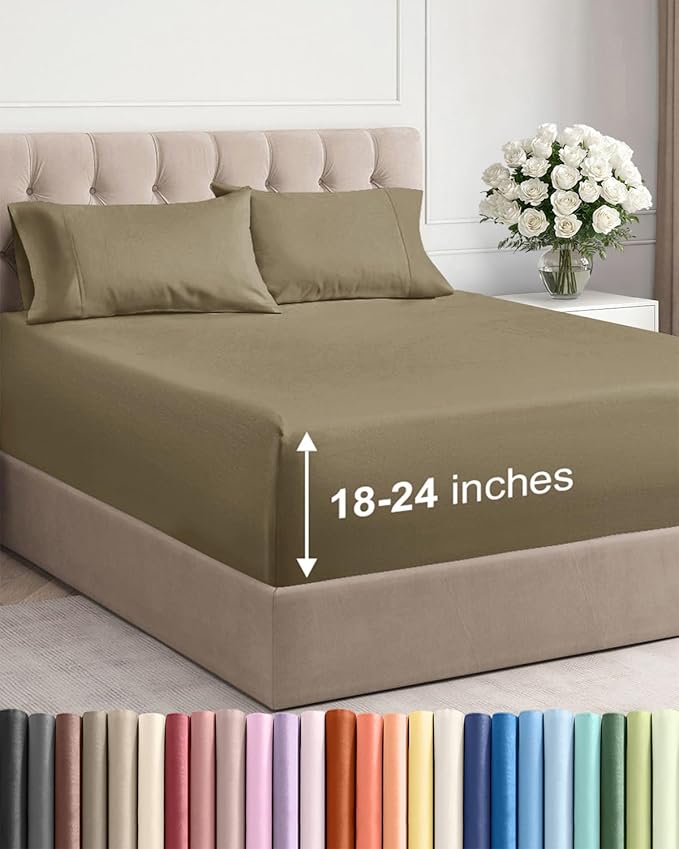 Extra Deep Full Sheet Set - 4 Piece Breathable & Cooling Bed Sheets - Khaki | Easily Fits 18 to 24 inch Mattress - Ultra Soft, Wrinkle & Fade Free with Extra Deep Pockets - Comfy Hotel Luxury Bedding