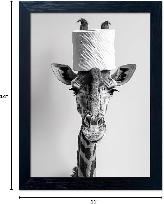 Funny Bathroom Wall Decor, Giraffe with a Toilet Paper Roll on Head Art Decor, Black and White Bathroom Pictures Wall Decor, Framed Humor Animal Canvas Print Artwork