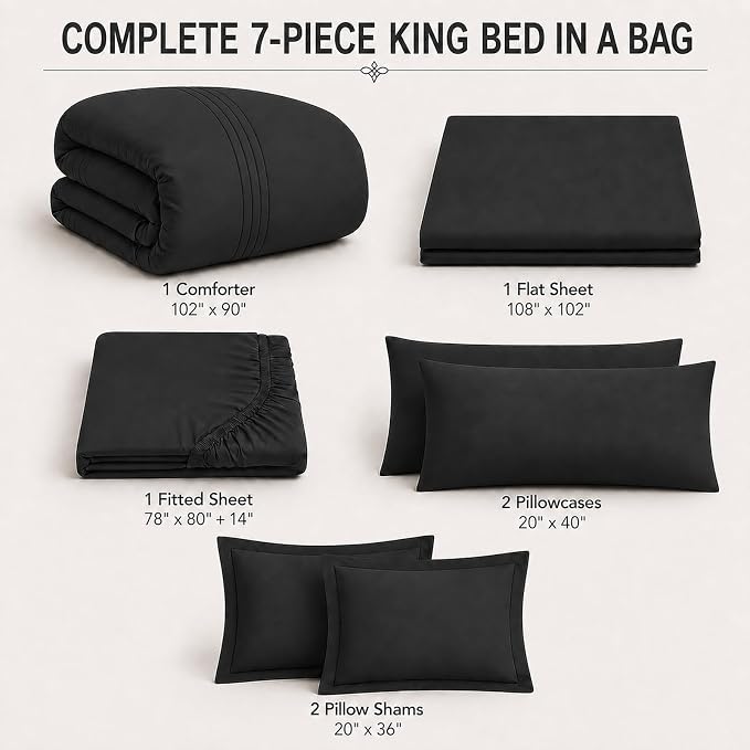King Comforter Set Black - Bed in a Bag King Size 7 Pieces, Soft Bedding Set for All Seasons, Premium King Comforter Set with Comforter, Sheets, Pillowcases & Shams