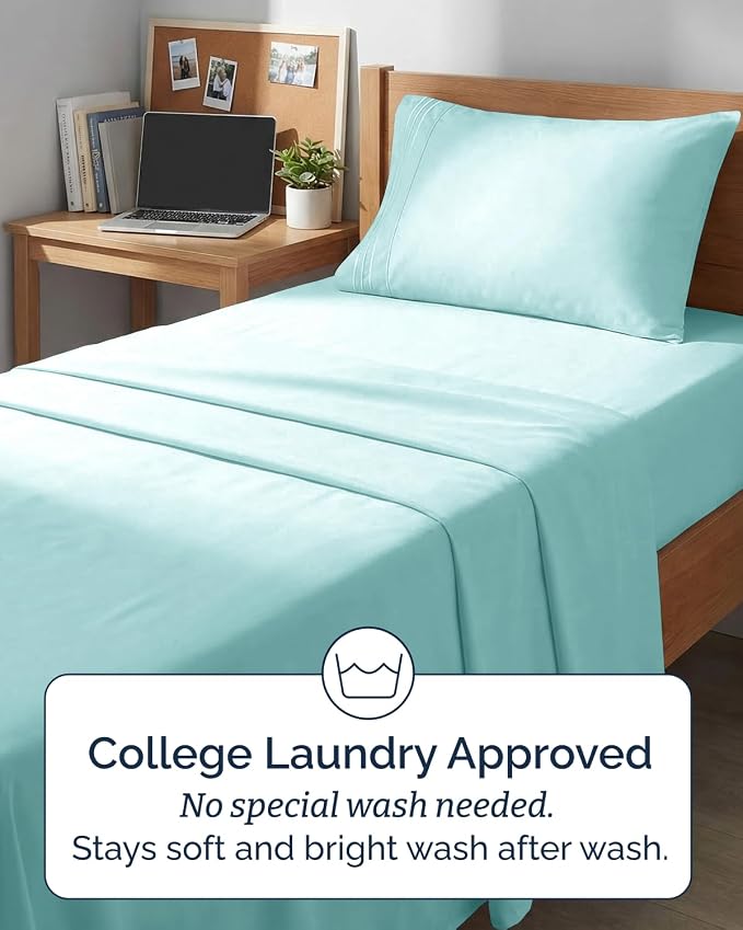 Twin XL 4 Piece Sheet Set - College Dorm Room Essentials - Spa Blue | Ultra Soft Dorm Bedding Set, 8" to 16" Inch Deep Pockets, 1 Flat & 1 Fitted Sheet & 2 Pillowcases, Wrinkle & Fade Free