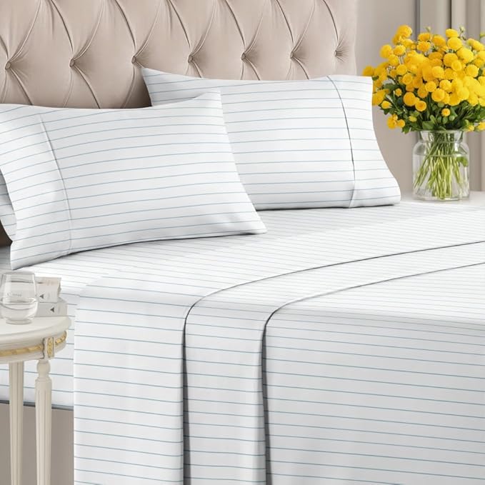 King 4 Piece Striped Sheet Set - Breathable & Cooling - Sky Blue Pinstripe | 1 Flat, 1 Fitted & 2 Pillowcases w/ Deep Pockets, Luxury Striped Bedding, Soft, Breathable & Cooling, Wrinkle & Fade Free