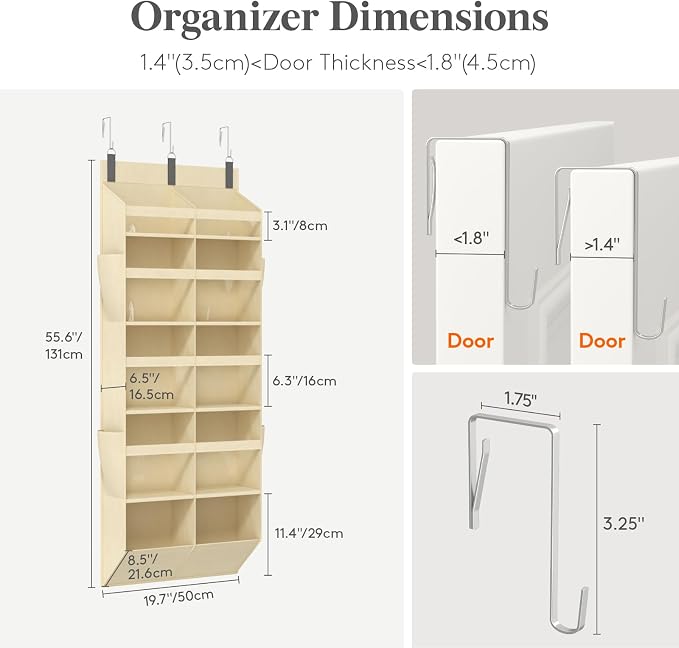 Lifewit 1 Pack Over the Door Organizer, 10 Section Clear Window Hanging Storage with 4 Side Pockets, Sturdy Anti Tilt 40 lbs Load Behind Door for Closet, Bedroom, Bathroom, Nursery, Dorm, Beige