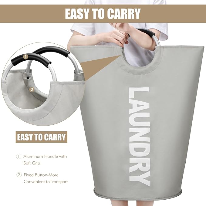 DOKEHOM 90L Large Laundry Basket Bag, Collapsible Tall Hamper, Grey | Freestanding tall washing bin & foldable laundry bag. High-capacity clothes storage basket with durable sturdy handles