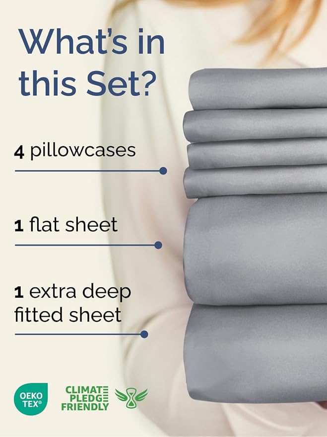 Extra Deep Queen Sheet Set - 6 Piece Breathable Cooling Sheets - Steel Blue | Hotel Luxury Bed Sheets Set, Easy & Secure Fit, Ultra-Soft, Wrinkle & Fade Free, Comfy Sheets Set with Extra Deep Pockets