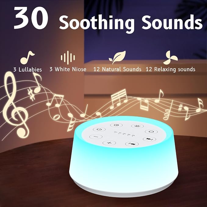 ColorsNoise White Noise Machine with 30 Sleep Music 5 Timers 12 Colors Baby Night Light with Memory Function Sound Machine for Sleep Nursery Home Travel(T-White)