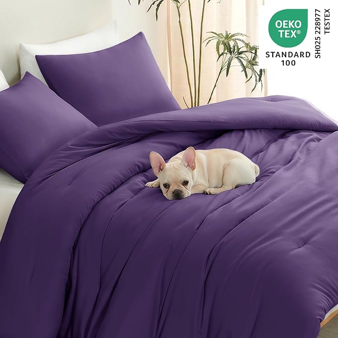 Full Comforter Set, 3 Pieces Down Alternative Bedding, Purple | 270 GSM All Season Comforter with 4 Corner Ties for Use as a Duvet Insert, OEKO-TEX Certified, 2 Pillowcases, 82 x 86 in