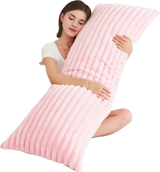 Full Body Pillow with Fluffy Stripe Faux Fur Removable Cover, Long Bed Pillow Adult 20x54 Inches for Side Sleeper and Pregnancy, Pink.