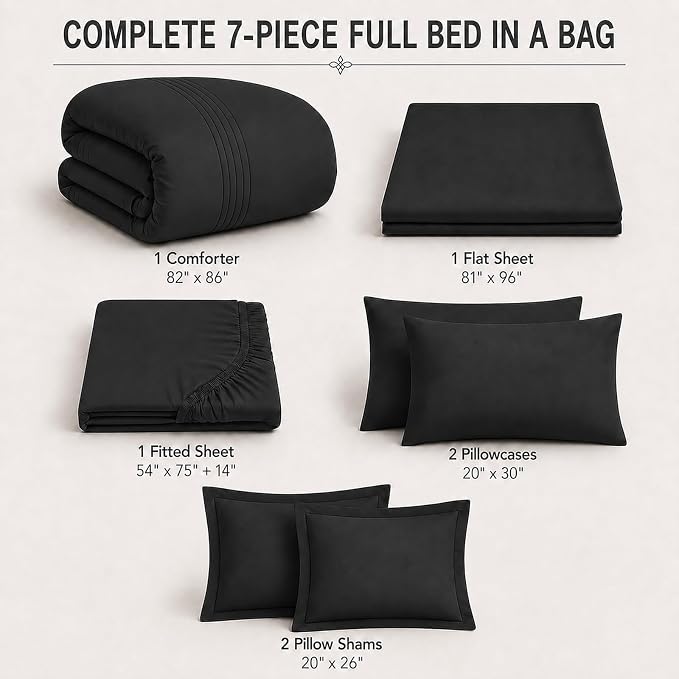 Full Comforter Set Black - Bed in a Bag Full Size 7 Pieces, Soft Bedding Set for All Seasons, Premium Comforter Set with Comforter, Sheets, Pillowcases & Shams