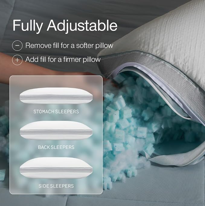 Coop Home Goods Cool+ Adjustable Pillow, Queen Size Plus Shaped Memory Foam Pillows with Cooling Gel, Back, Stomach or Side Sleeper, Neck Support for Sleeping, CertiPUR-US/GREENGUARD Gold