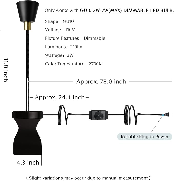 Patented Innovative Design Headboard Reading Light. No Drilling Golden Book Light for Bedtime Reading. Dimmable LED Book Reading Lamp with Bulb. Movable & Flexible, Black and Golden