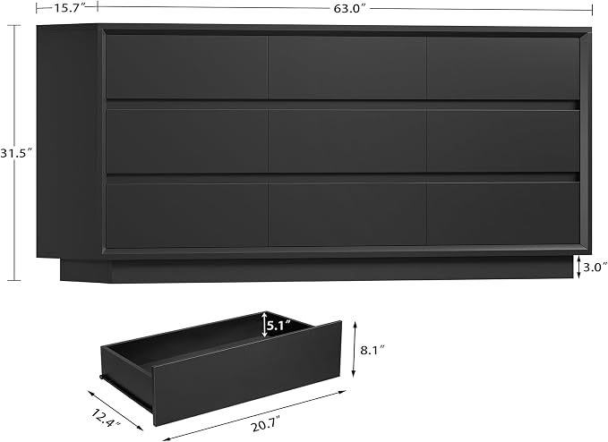 TEENFON 63" Dresser for Bedroom with 9 Drawers, Black Dresser with Metal Slide, Bedroom Dressers, Wood Dressers & Chests of Drawers for Bedroom, Hallway, Black