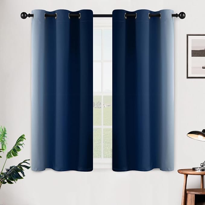 SimpleHome Ombre Blue to Grey White Curtains for Living Room 42Wx45L | Room Darkening Curtains for Bedroom,Gradient Light Blocking Curtain,Thermal Insulated Grommet Window Drapes,2 Panels,45 Inch