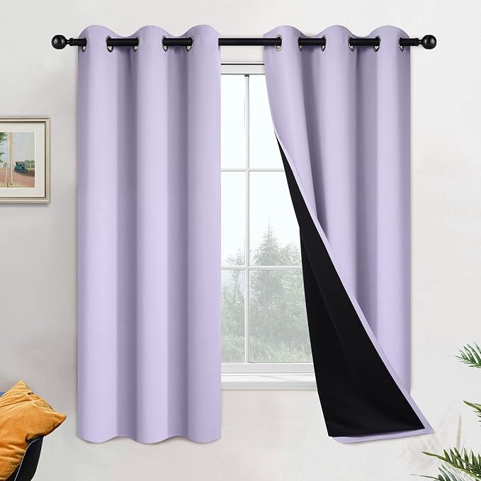 Yakamok Lilac 100% Blackout Curtains 63 Inches Long for Bedroom 42" Wide | Blackout Curtain Panels for Bedroom, 2 Thick Layers Grommet Top Thermal Insulated Drapes with Black Liner for Living Room