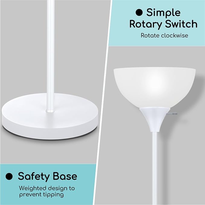 Coucrek Floor Lamp, LED Standing Lamps with White Plastic Shade, Corner Floor Lights for Living Room Bedroom, Rotary Switch, Bulb not Included, White