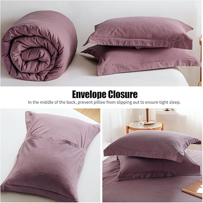 Simple&Opulence 100% Linen Duvet Cover Set 3pcs Basic Style Natural French Washed Flax Solid Color Soft Breathable Farmhouse Bedding with Button Closure - Purple, King