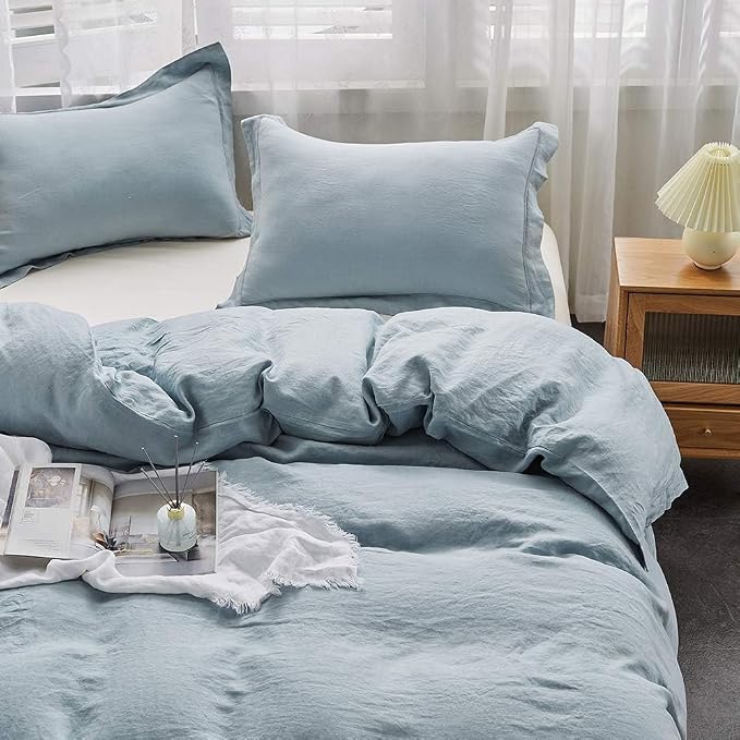 Simple&Opulence 100% French Linen Duvet Cover Set with Embroidered,3 Pcs Washed Soft Farmhouse Bedding Set with Button Closure,1 Comforter Cover and 2 Pillowshams(King,Dusty Blue)