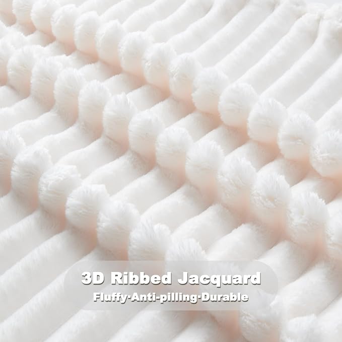 NEWCOSPLAY Fleece Ribbed Cozy Queen Blanket for Couch, Ivory, 90"x90" | Premium Silky Flannel Blanket, Soft Lightweight Fluffy Throw Blanket for Bed Sofa Decor, Gift for All Season Use