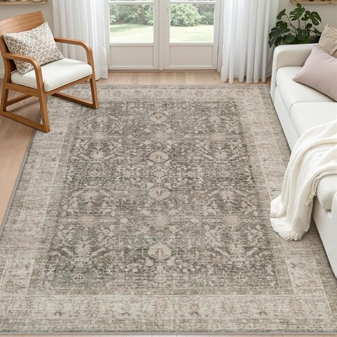 6x9 Area Rugs Living Room: Bedroom Washable Carpet Warm Taupe | Large Vintage Boho Indoor Decor Neutral Soft Nursery Farmhouse Dining Room Office Floor Non-Slip Low Pile Under Table Rug