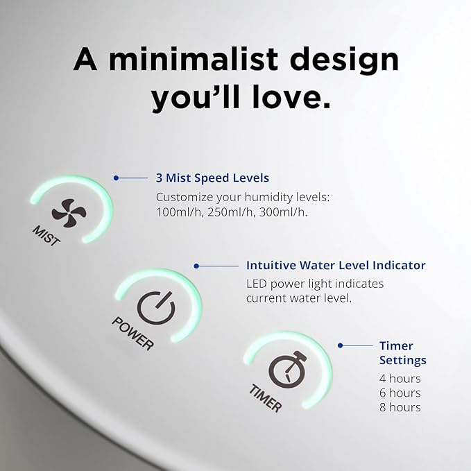 Carepod One Stainless Steel Humidifier for Large Room, Quiet & Safe for Baby, Only 3 Washable Parts & Easy to Clean, Ultrasonic Cool Mist Humidifiers for Bedroom, Filter-Free, Lasts 30Hrs (1Gal/4L)