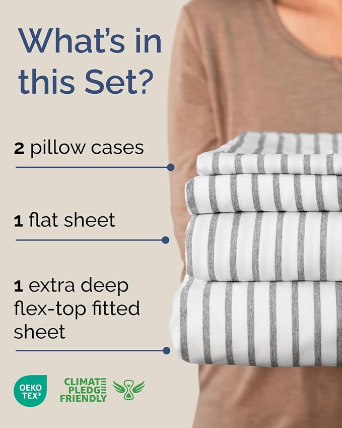 Flex Top Split Head King Sheet Set - 4 Piece Extra Deep - Grey Stripes 2 | Easily Fits 18 to 24 inch Mattress, Ultra Soft, Wrinkle & Fade Free with Extra Deep Pockets, Comfy Hotel Luxury Bedding
