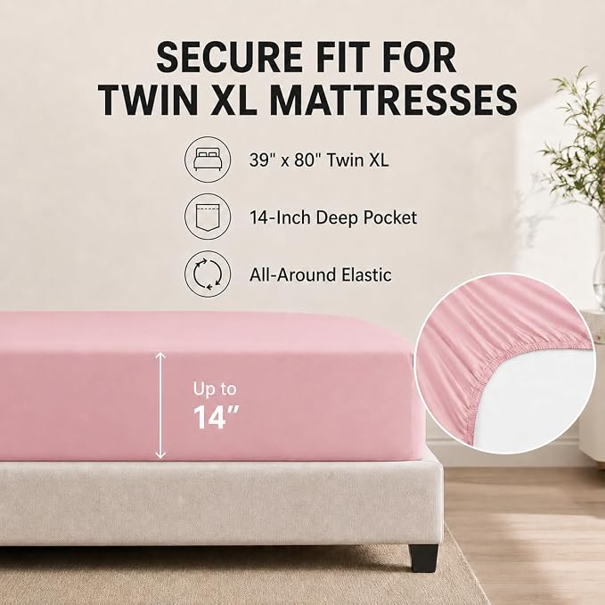 HIMEET Twin XL Comforter Set, 5-Piece Point-Quilted Bed in a Bag, Pink | OEKO-TEX Certified, Lightweight 240 GSM Comforter, Flat Sheet, 14-Inch Deep-Pocket Fitted Sheet, Pillowcase & Sham