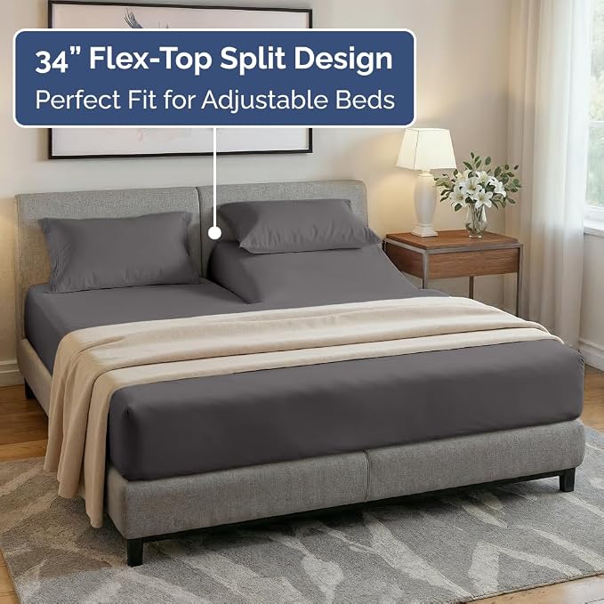 Flex Top Split Head King 4 Piece Sheet Set - Soft & Breathable - Dark Grey | Cooling Bed Sheets Set, Hotel Luxury Bedding for Women & Men with Deep Pockets, Wrinkle Free & Fade Resistant, Oeko-Tex
