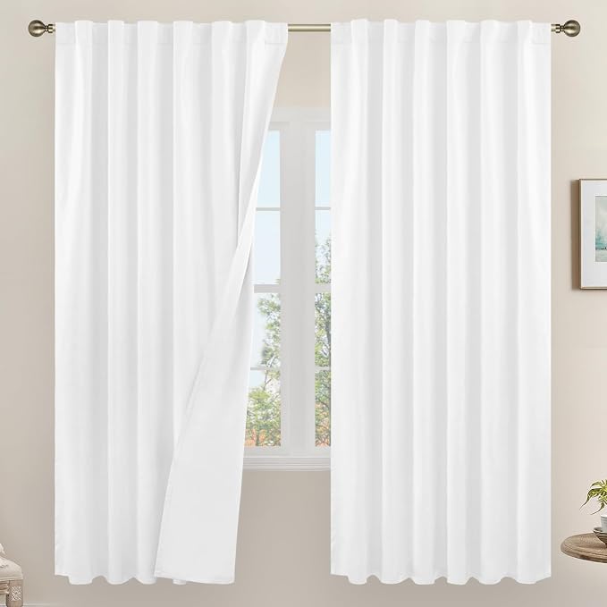 White 100% Blackout Linen Bedroom Curtains 72 Inches 2 Panels | Neutral Curtains for Living Room, Farmhouse, Full Room Darkening Panels, Rod Pocket Back Tab, with White Liner, 52 x 72 Inch