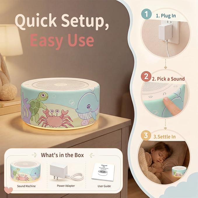 Kipcush White Noise Machine for Baby & Adults, Sleep Sound Machine with 30 Soothing Sounds, 8-Color Night Light, Memory Function, White Noise for Sleeping, Nursery, Office, Travel, Relaxation
