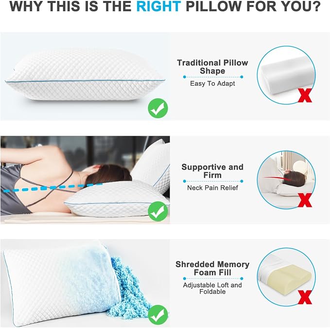 Cooling Shredded Memory Foam Bed Pillows, King Size, Set of 2, 20 x 36 in | Adjustable Firm, Supportive, Breathable, Hypoallergenic, Odorless, Luxury, Cool Gel pillows for Side Back Stomach Sleepers
