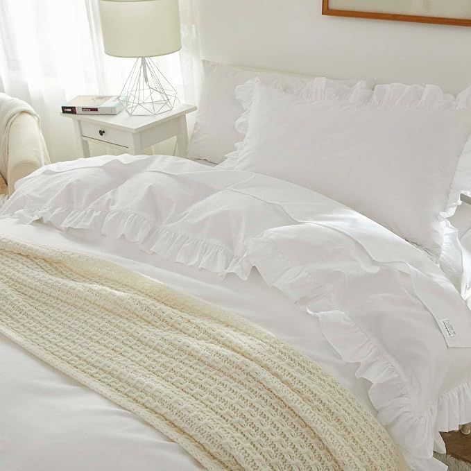 Brandream Kid's Duvet Cover Full/Queen Size 100% Organic Cotton 3pcs Boys Girl Bedding Duvet Cover Shams Set, Delicate Ruffle Fringe Solid Color Soft and Breathable (White)