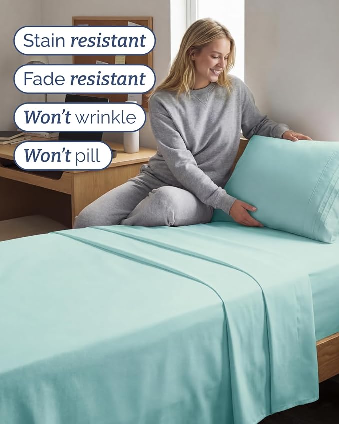 Twin XL 4 Piece Sheet Set - College Dorm Room Essentials - Spa Blue | Ultra Soft Dorm Bedding Set, 8" to 16" Inch Deep Pockets, 1 Flat & 1 Fitted Sheet & 2 Pillowcases, Wrinkle & Fade Free