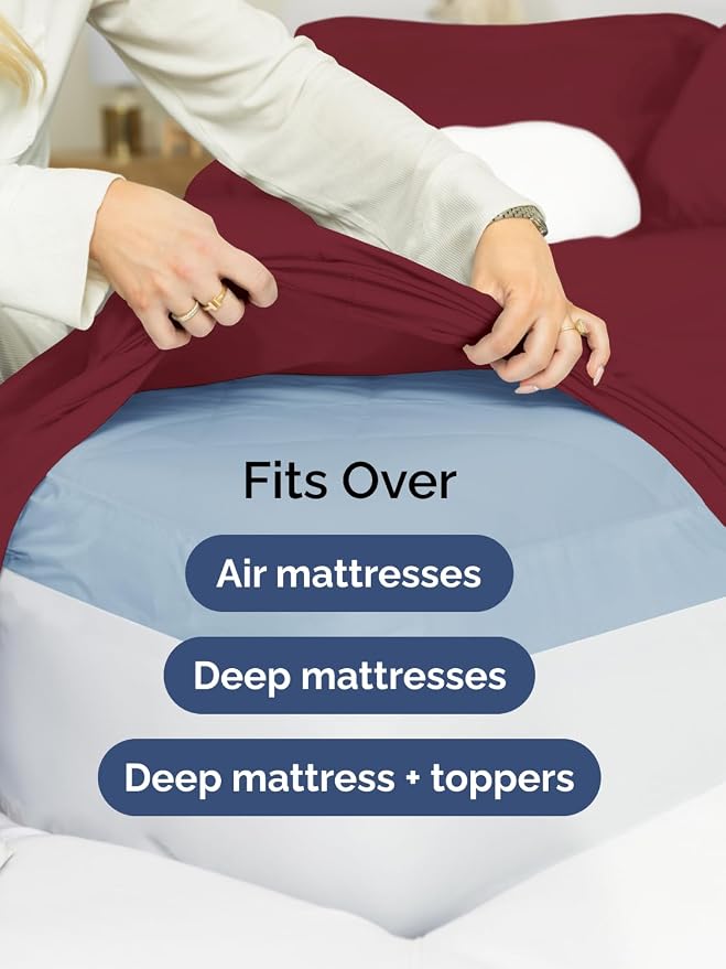 Extra Deep Full Fitted Sheet - Single Fitted Sheet Only - Burgundy | Easily Fits 18 inch to 24 inch Mattress, Soft, Wrinkle Free, Breathable & Comfy, Extra Deep Pockets Hotel Luxury Fitted Sheet