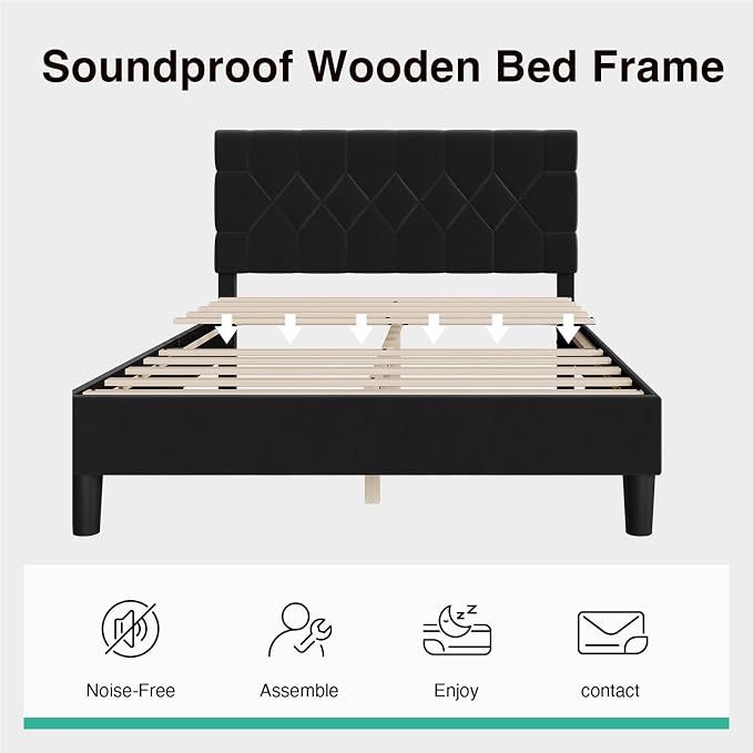 Novilla Queen Bed Frame with Headboard, Bed Frame Queen Size with Wood Slats Support, Velvet Upholstered Pull-Point Headboard, No Box Spring Needed, Heavy Duty Feet, Easy Assembly, Black Velvet