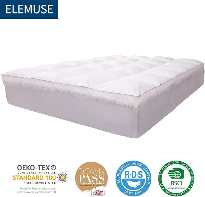ELEMUSE Cal King Goose Down Feather Mattress Topper, Feathered Pillow Top | Fusion goose down and feather fill adds plush comfort. Deep pocket fits Cal King mattresses for tall sleepers and bedrooms