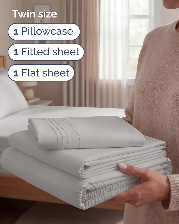 Twin Size 3 Piece Sheet Set - Breathable & Cooling Sheets - Light Grey | Hotel Luxury Bed Sheets for Women & Men, Deep Pockets, Easy-Fit, Extra Soft and Wrinkle Free Sheets, Oeko-Tex Bed Sheet Set