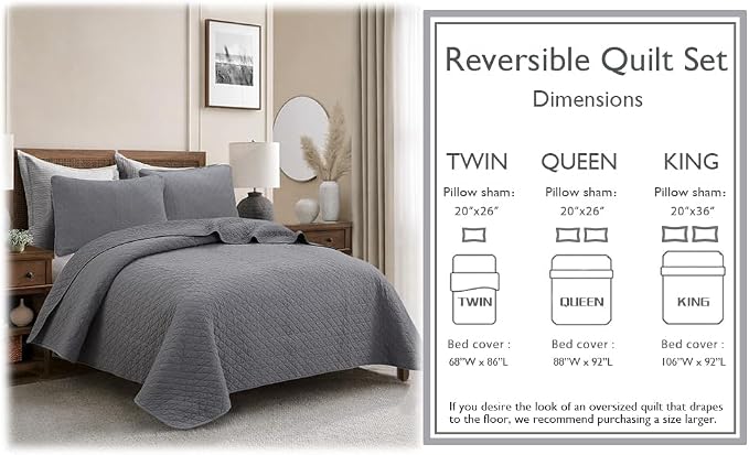 Cozy Line Home Fashions 100% Cotton Quilt Set – 3-Piece Charcoal Gray Solid Classic Modern Quilted Bedspread with Shams, Lightweight All Season Modern Bedding (Diamond Gray, King)