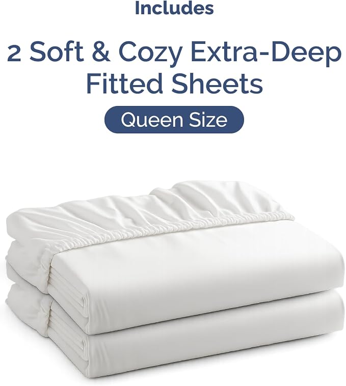 2 Pack Extra Deep Queen Fitted Sheets with Extra Deep Pockets - White | Hotel Luxury Bottom Fitted Sheets Only, Soft, Fade & Wrinkle Free, Breathable & Comfy, All Around Elastic Fitted Sheets