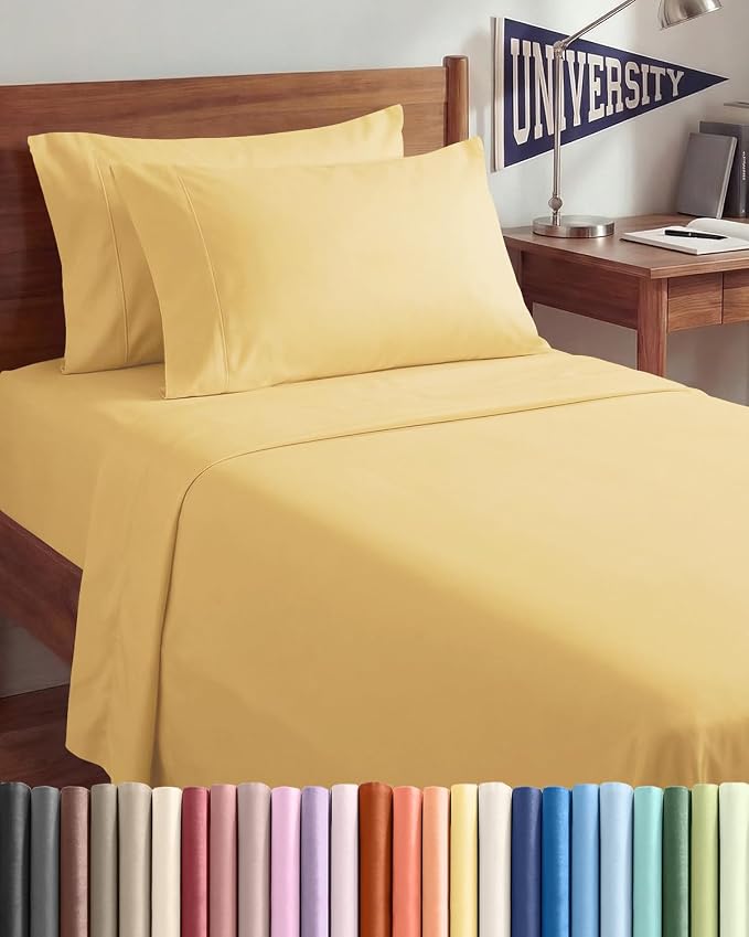 Twin XL 4 Piece Sheet Set - College Dorm Room Essentials - Butter Yellow | Ultra Soft Dorm Bedding Set, 8" to 16" Inch Deep Pockets, 1 Flat & 1 Fitted Sheet & 2 Pillowcases, Wrinkle & Fade Free