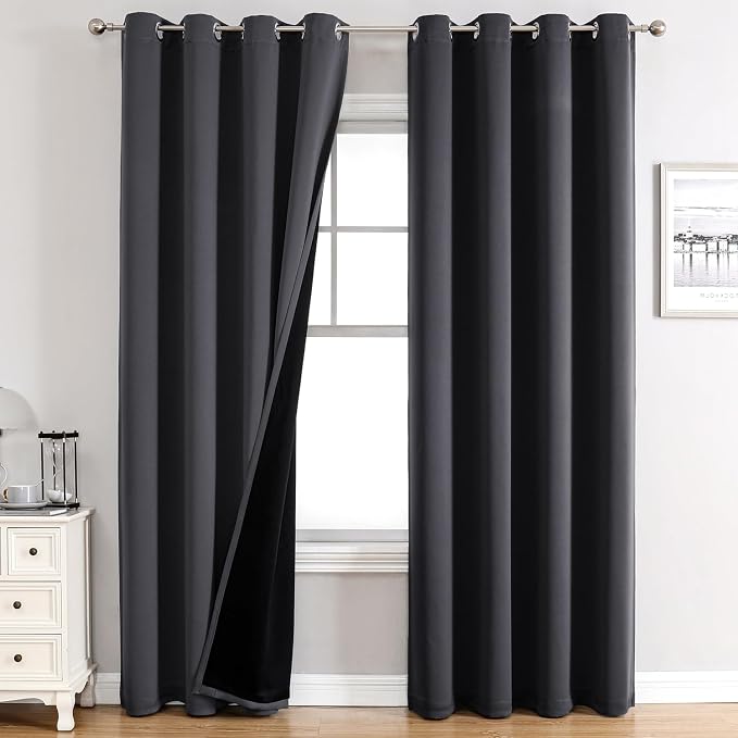 ChrisDowa 100% Blackout Curtains for Bedroom 90 Inches Long 2 Panels Set | 2 Thick Layers, Thermal Insulated, Light Blocking, Grommet, Window Treatment, Living Room Drapes, Dark Grey, 52 x 90 Inch