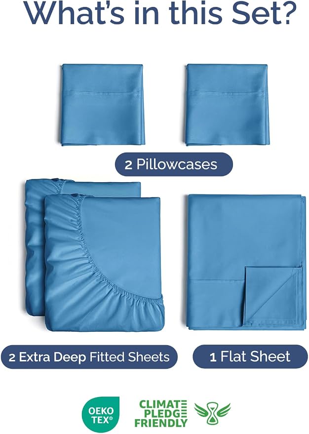 Extra Deep Split King Sheet Set - 5 Piece Breathable Cooling - Denim Blue | Easily Fits 18 to 24 inch Mattress - Ultra Soft, Wrinkle & Fade Free with Extra Deep Pockets - Comfy Hotel Luxury Bedding