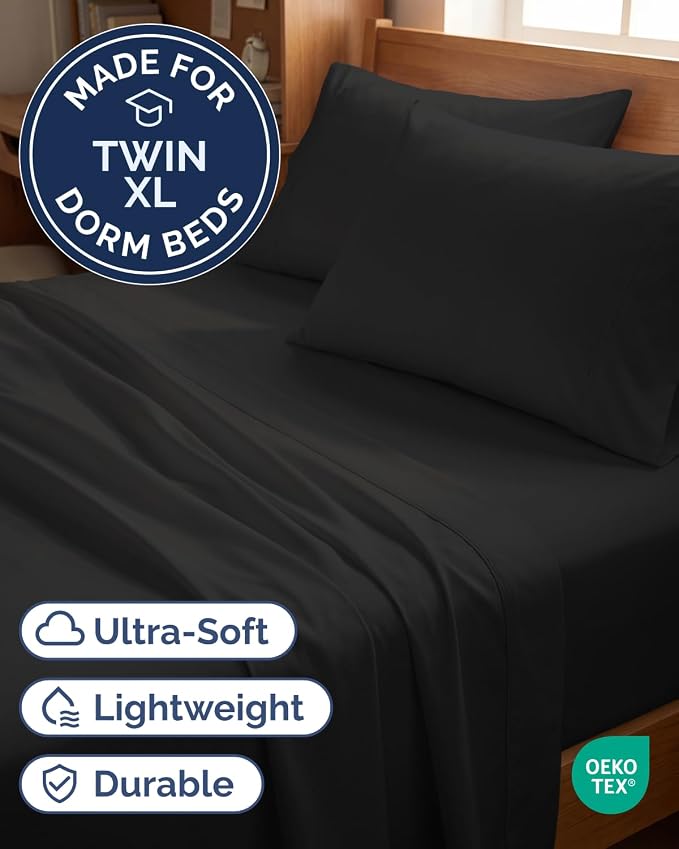 Twin XL 4 Piece Sheet Set - College Dorm Room Essentials - Black | Ultra Soft Dorm Bedding Set, 8" to 16" Inch Deep Pockets, 1 Flat & 1 Fitted Sheet & 2 Pillowcases, Wrinkle & Fade Free