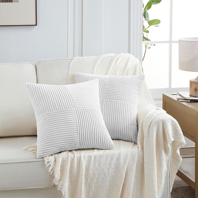 Fancy Homi 2 Packs White Samll Decorative Throw Pillow Covers 14x14 Inch with for Couch Bed Sofa, Rustic Farmhouse Boho Home Decor, Soft Corss Patchwork Corduroy Square Cushion Case 35x35 cm