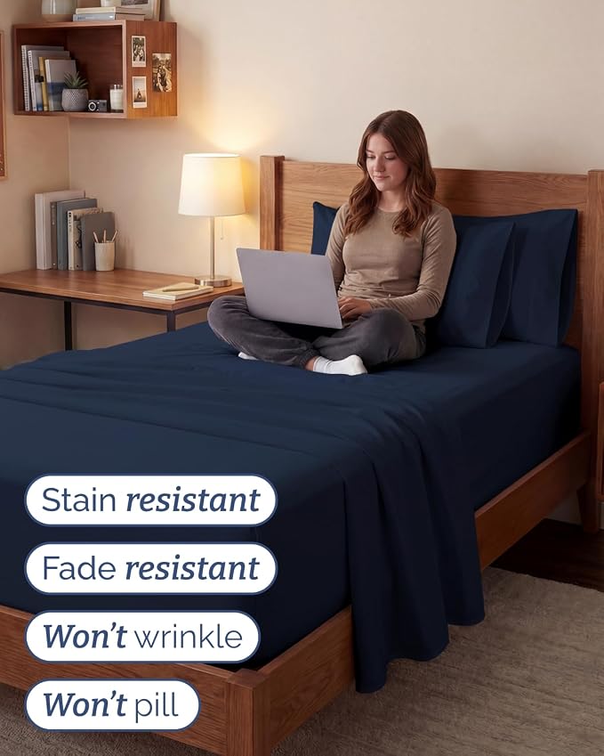 Extra Deep Twin XL Sheet Set - 4 Piece College Dorm Room - Navy Blue | College Dorm Room Essentials, Easy & Secure Fit, Ultra-Soft, Wrinkle & Fade Free, Comfy Sheets Set with Extra Deep Pockets