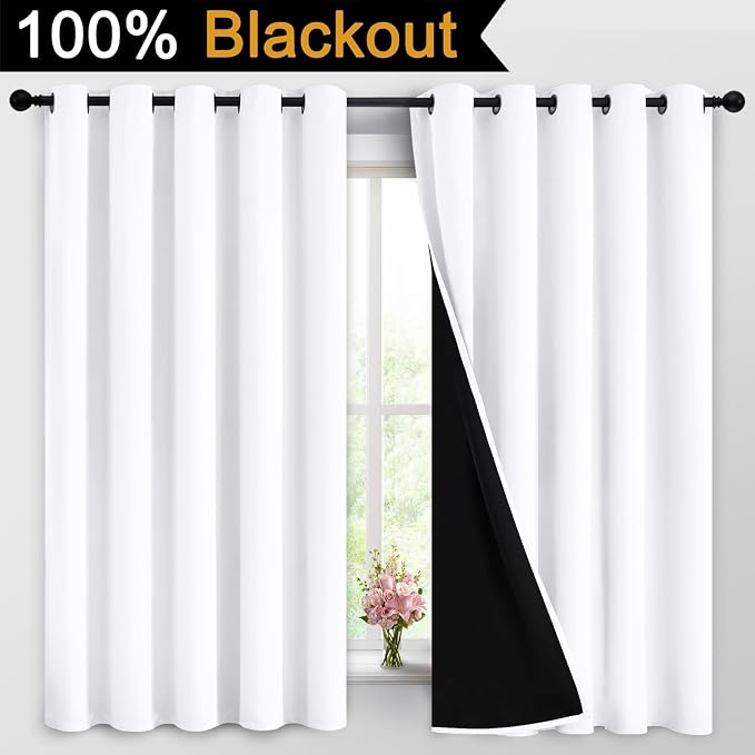 Yakamok Pure White 100% Blackout Curtains 63 Inches Long 62" Wide 2 Panel | Blackout Curtain Panels for Bedroom, 2 Thick Layers Grommet Top Thermal Insulated Drapes with Black Liner for Living Room